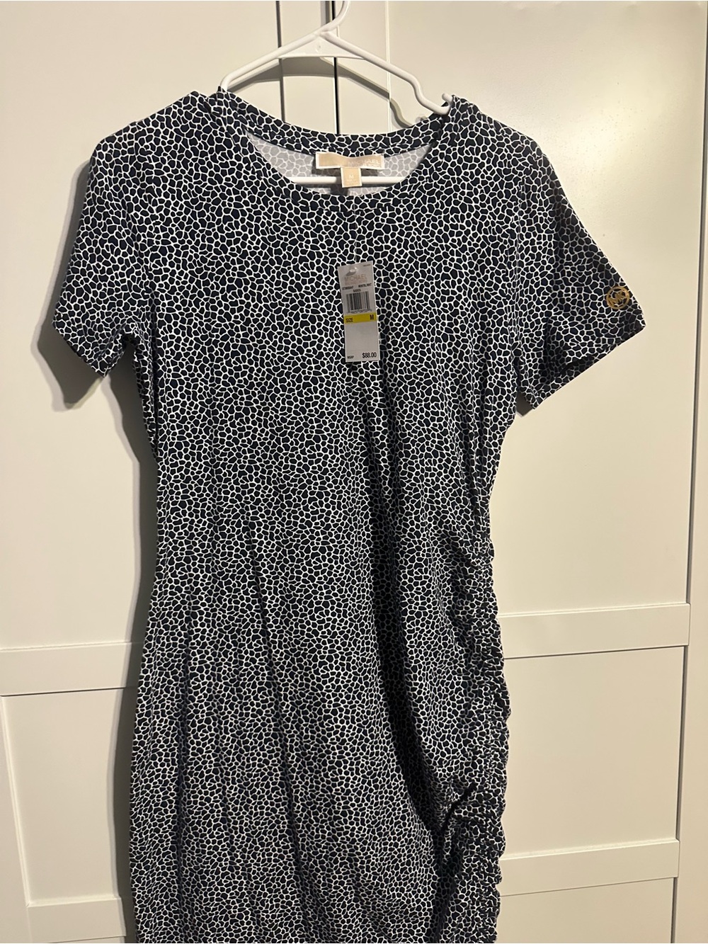 NWT Michael Kors Navy Blue Giraffe Print Ruched Side T-Shirt Dress Size M